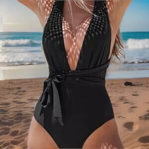 Womans Small One Piece Swimsuit Black Halter Wrap Plunge Tie Back Tummy Control